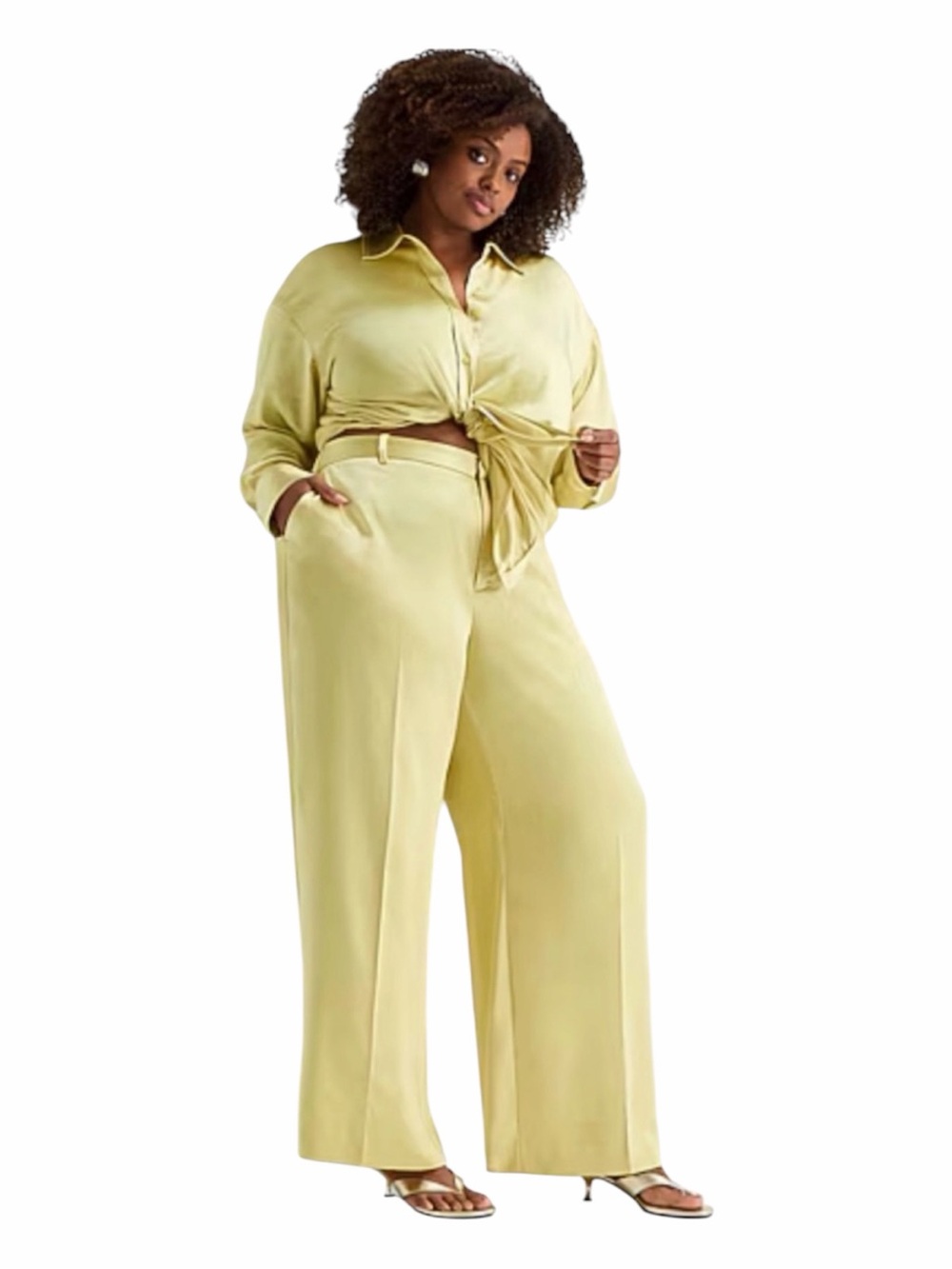 Ashley Graham NWT Lemongrass Satin High Rise Wide Leg Cropped Pants 26W